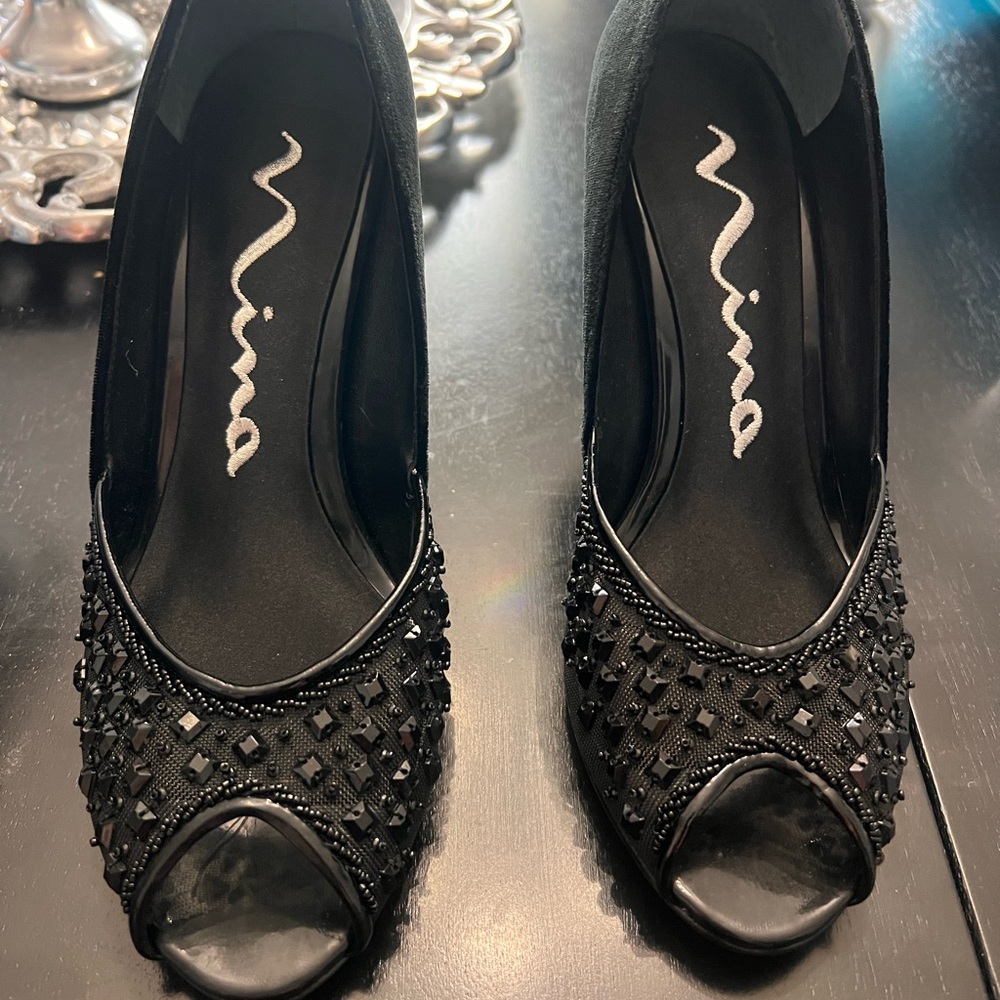 Nina Black Beaded Peep-Toe Pumps